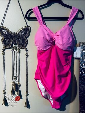 Women's Two-Tone Pink Twist-Front One-Piece Swimsuit - Size XL